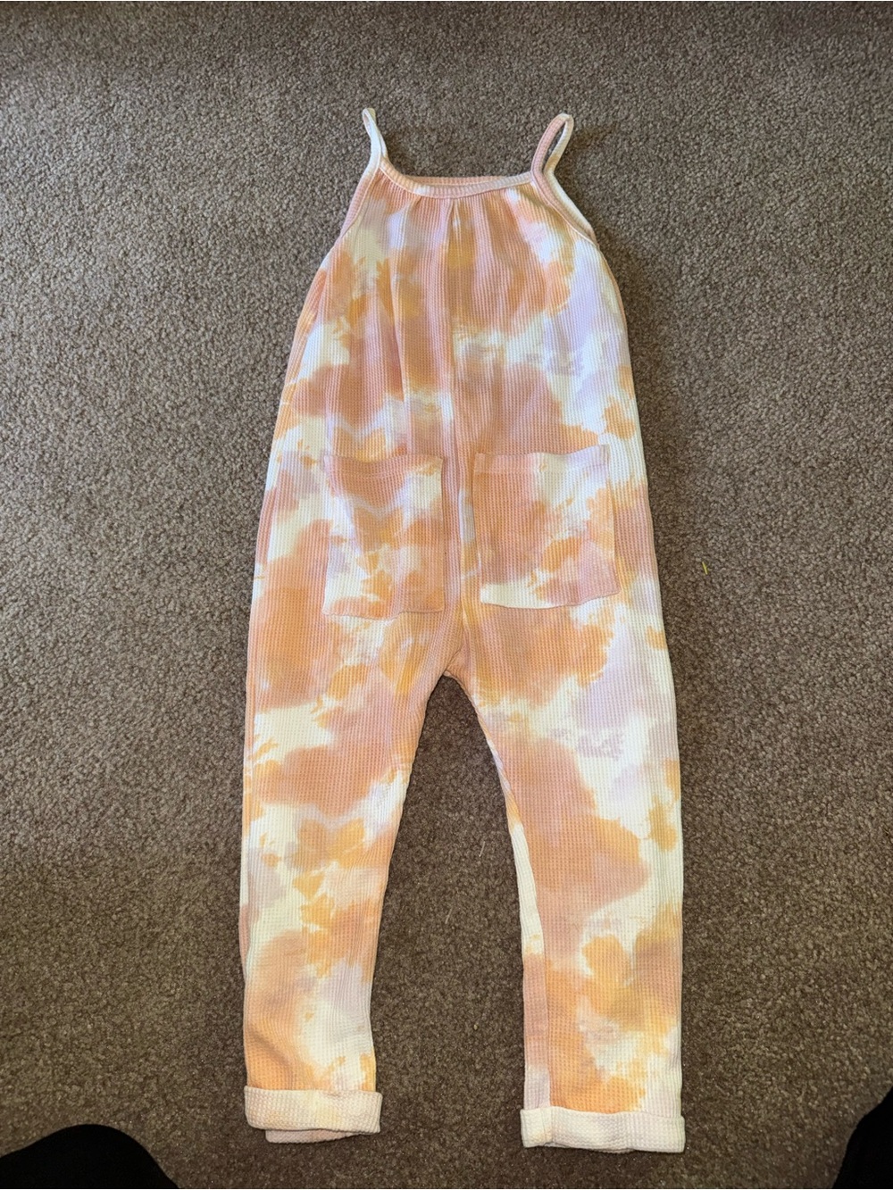 Kids Peach Tie-Dye Ribbed Romper with Pockets